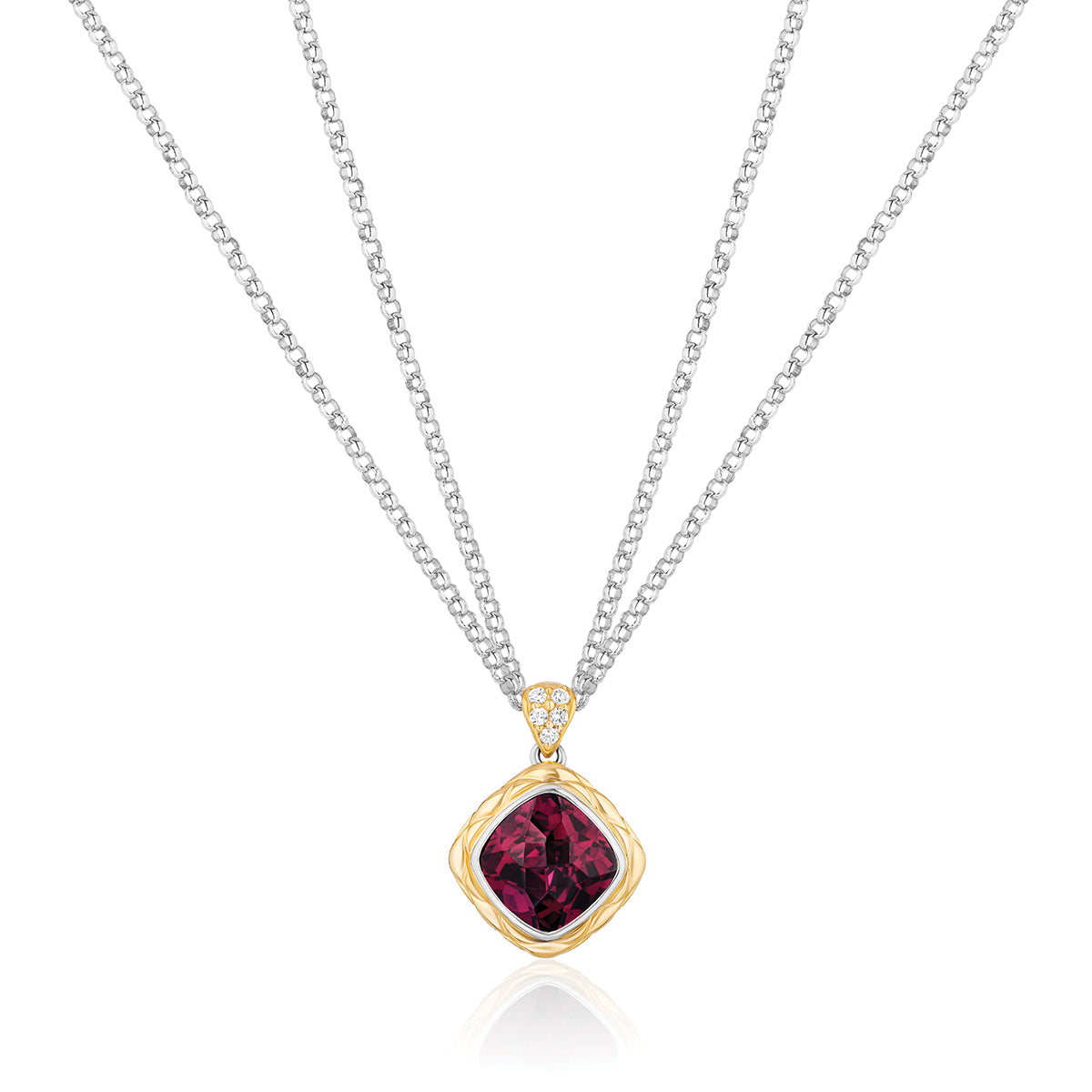 Urban Chic Pendants with 18k Gold, Diamonds & Double Chain Necklace | Raspberry Rhodolite