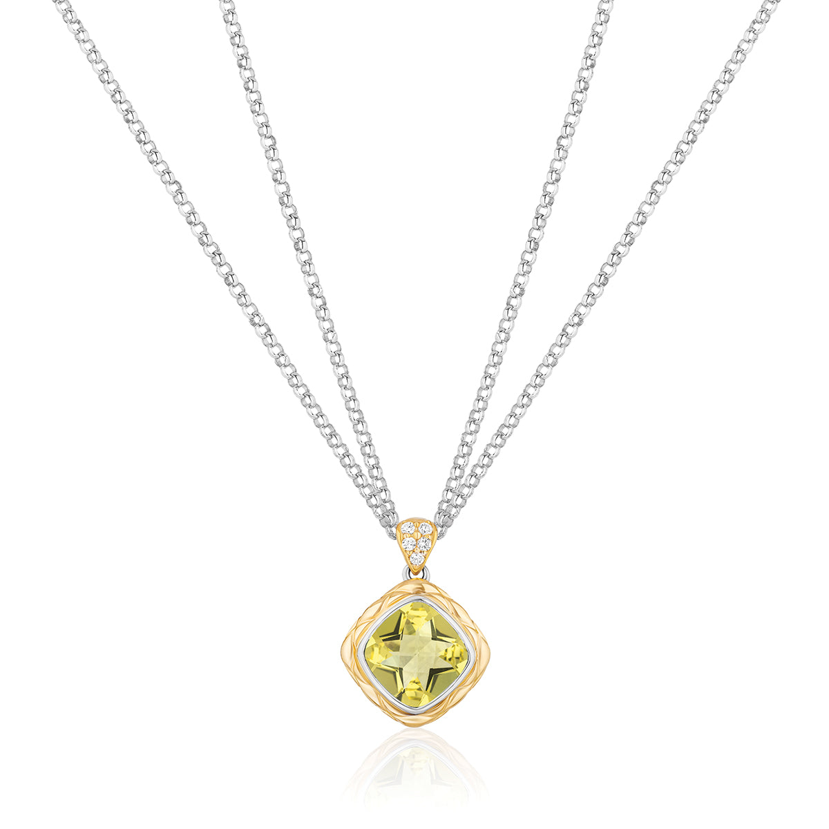 Urban Chic Pendants with 18k Gold, Diamonds & Double Chain Necklace | Lemon Quartz