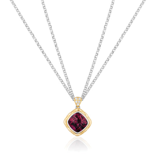 Urban Chic Pendants with 18k Gold, Diamonds & Double Chain Necklace | Raspberry Rhodolite